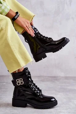 Hot Boto Lakierowane Damskie Ocieplane Botki Z Ozdobą Czarne Hayes