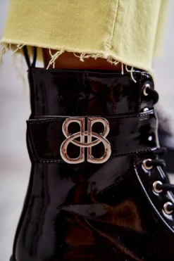 Hot Boto Lakierowane Damskie Ocieplane Botki Z Ozdobą Czarne Hayes