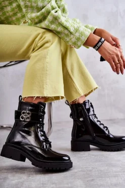 Hot Boto Lakierowane Damskie Ocieplane Botki Z Ozdobą Czarne Hayes