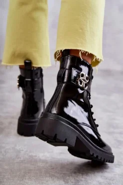 Hot Boto Lakierowane Damskie Ocieplane Botki Z Ozdobą Czarne Hayes