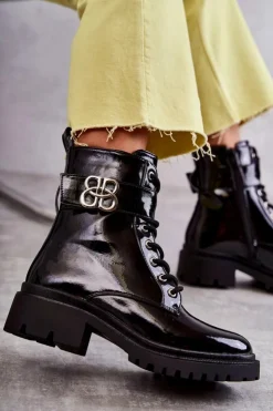 Hot Boto Lakierowane Damskie Ocieplane Botki Z Ozdobą Czarne Hayes