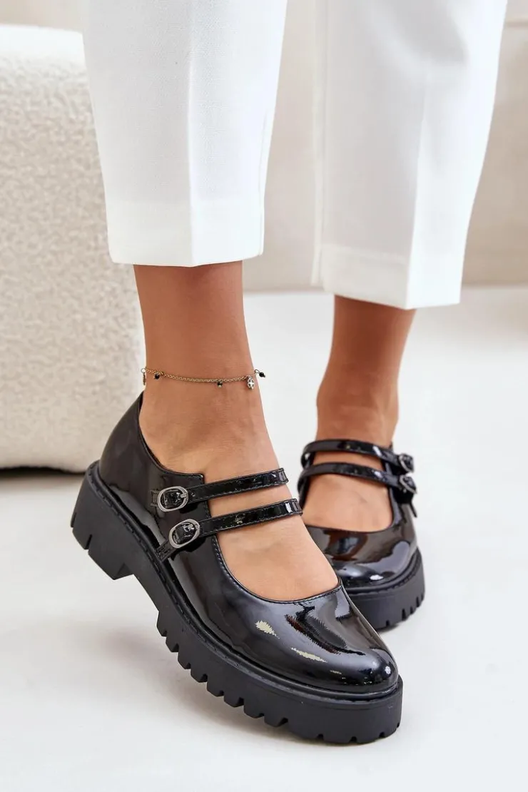 Boto Półbuty Skórzane*Lakierowane Damskie Półbuty Z Paskami Czarne Rialuna Czarny