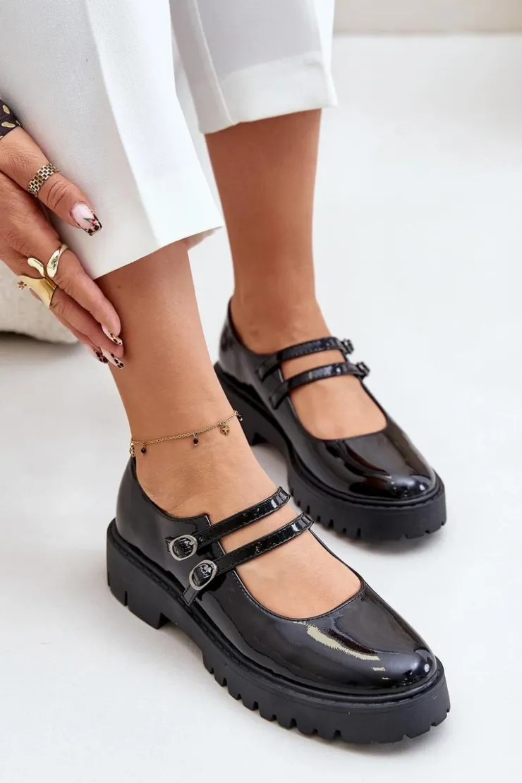 Boto Półbuty Skórzane*Lakierowane Damskie Półbuty Z Paskami Czarne Rialuna Czarny