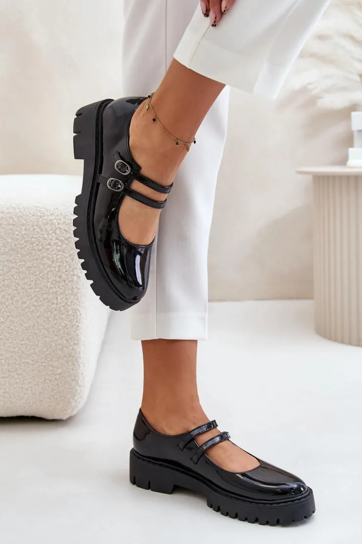 Boto Półbuty Skórzane*Lakierowane Damskie Półbuty Z Paskami Czarne Rialuna Czarny