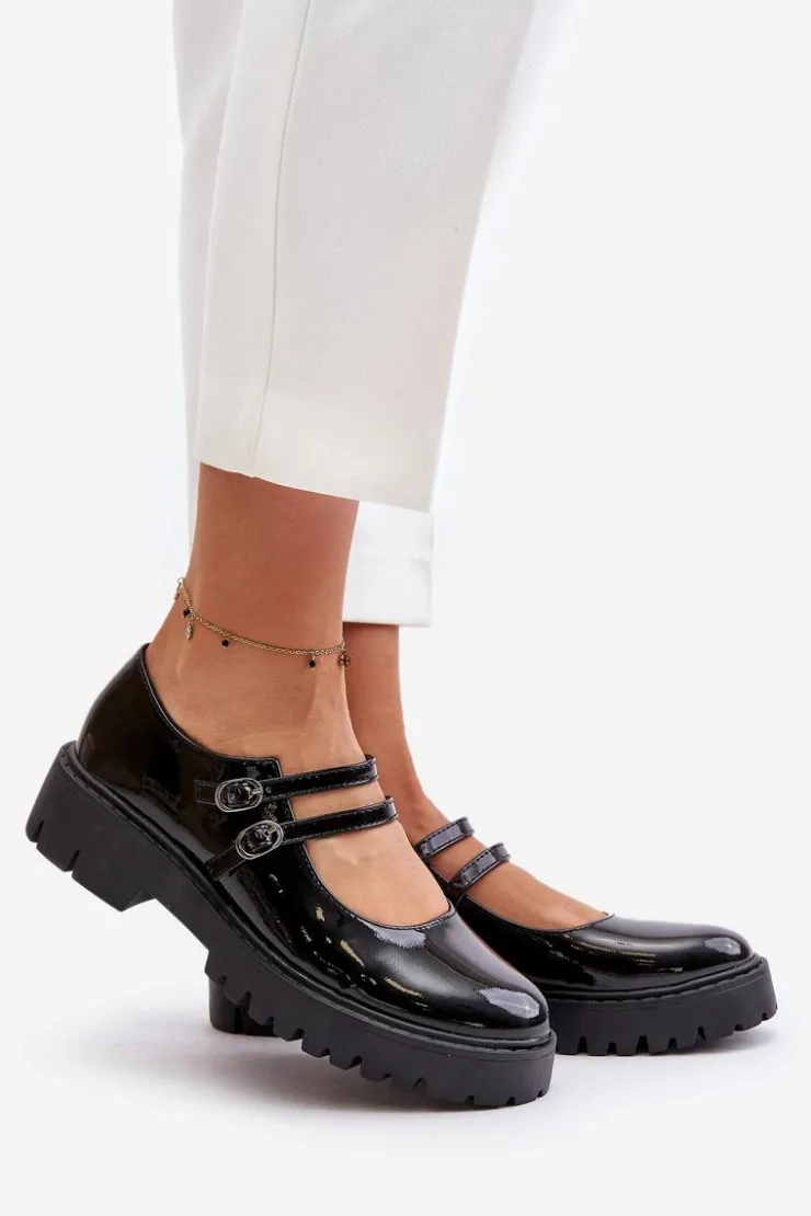 Boto Półbuty Skórzane*Lakierowane Damskie Półbuty Z Paskami Czarne Rialuna Czarny