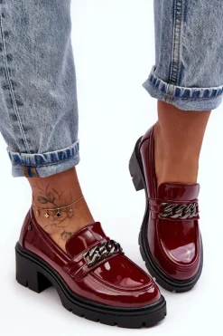 Hot Boto Lakierowane Damskie Półbuty Na Niskim Obcasie Bordowe Blimma