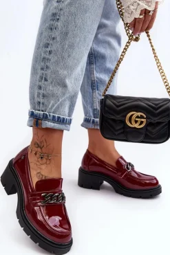 Hot Boto Lakierowane Damskie Półbuty Na Niskim Obcasie Bordowe Blimma