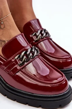 Hot Boto Lakierowane Damskie Półbuty Na Niskim Obcasie Bordowe Blimma