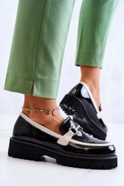 Damskie Damskie buty S.Barski Lakierowane Damskie Półbuty Loafery Czarno-Białe Cassida