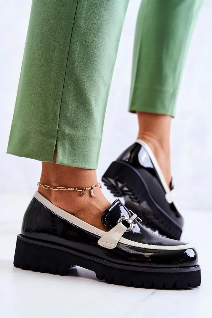 Damskie Damskie buty S.Barski Lakierowane Damskie Półbuty Loafery Czarno-Białe Cassida