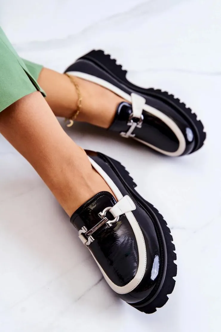 Damskie Damskie buty S.Barski Lakierowane Damskie Półbuty Loafery Czarno-Białe Cassida