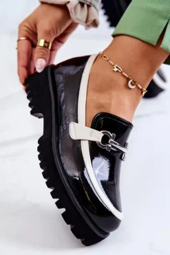 Damskie Damskie buty S.Barski Lakierowane Damskie Półbuty Loafery Czarno-Białe Cassida