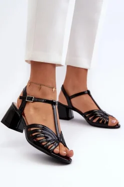 Buty Sergio Leone Sandały Na Obcasie*Lakierowane Damskie Sandały Na Obcasie Sergio Leone SK880 Czarne Czarny