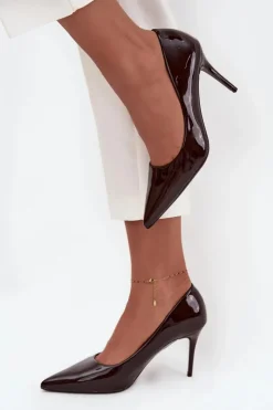 Boto Czółenka Klasyczne*Lakierowane Eko Skórzane Szpilki Damskie Ze Szpiczastymi Noskami Czekoladowe Jadira