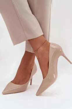 Outlet Boto Lakierowane Eko Skórzane Szpilki Damskie Ze Szpiczastymi Noskami Beżowe Jadira