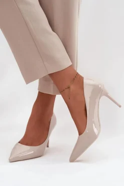 Damskie Boto Lakierowane Eko Skórzane Szpilki Damskie Ze Szpiczastymi Noskami Jasnobeżowe Jadira