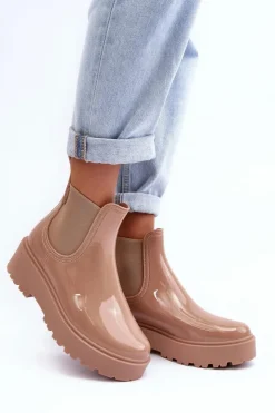 Damskie Big Star Shoes Lakierowane Kalosze Botki Na Platformie Big Star MM274396 Beżowe