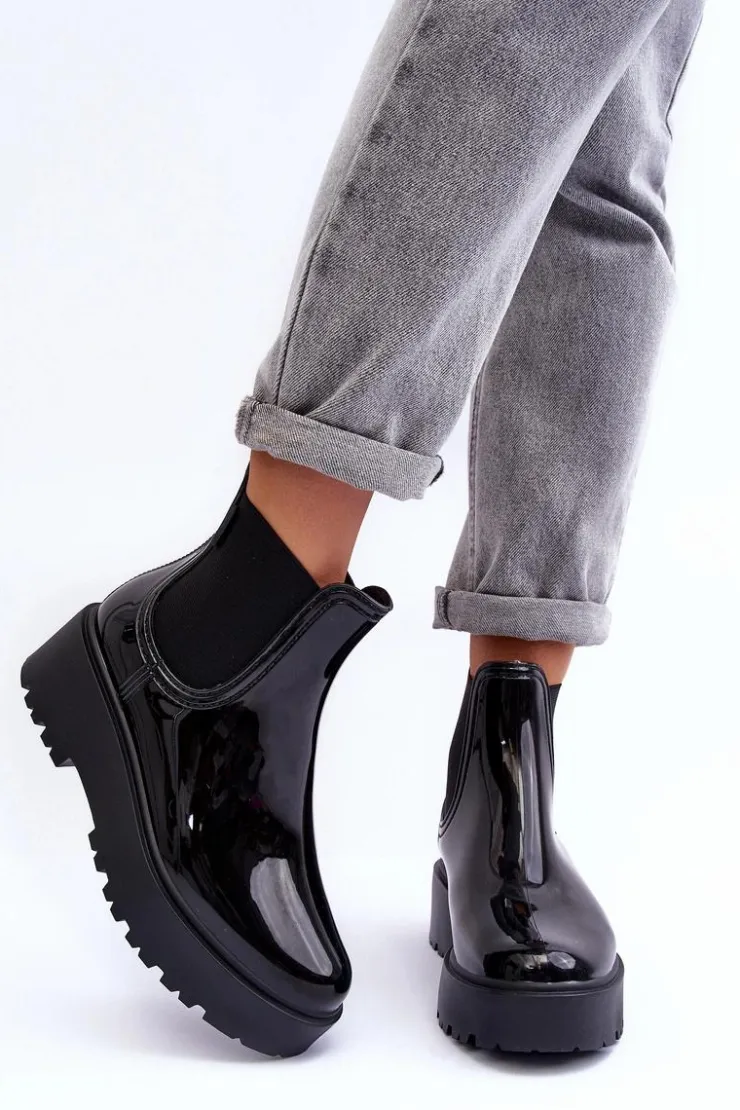 Big Star Shoes Czarne Botki|Botki Płaskie*Lakierowane Kalosze Botki Na Platformie Big Star MM274395 Czarne Czarny