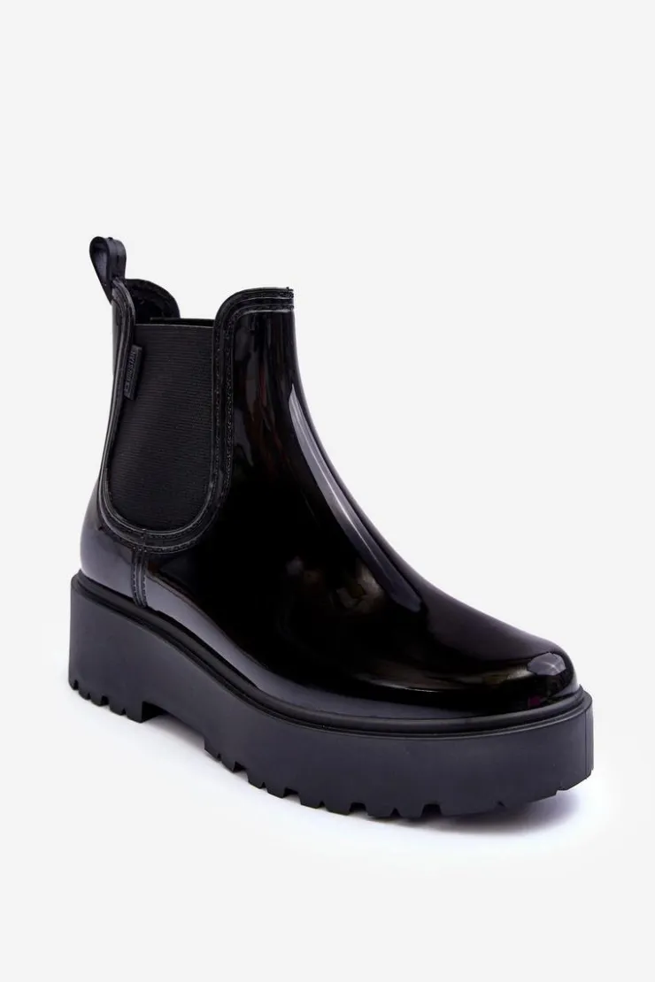 Big Star Shoes Czarne Botki|Botki Płaskie*Lakierowane Kalosze Botki Na Platformie Big Star MM274395 Czarne Czarny