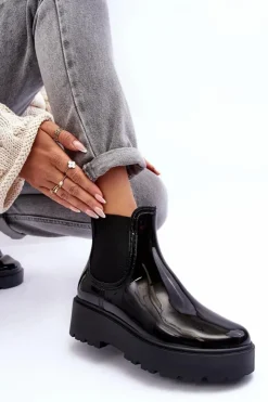 Big Star Shoes Czarne Botki|Botki Płaskie*Lakierowane Kalosze Botki Na Platformie Big Star MM274395 Czarne Czarny