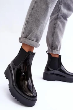 Big Star Shoes Czarne Botki|Botki Płaskie*Lakierowane Kalosze Botki Na Platformie Big Star MM274395 Czarne Czarny