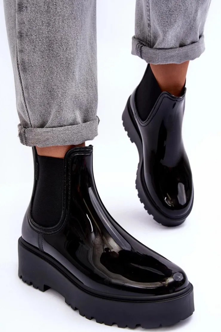 Big Star Shoes Czarne Botki|Botki Płaskie*Lakierowane Kalosze Botki Na Platformie Big Star MM274395 Czarne Czarny