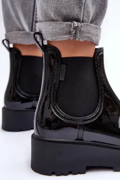 Big Star Shoes Czarne Botki|Botki Płaskie*Lakierowane Kalosze Botki Na Platformie Big Star MM274395 Czarne Czarny