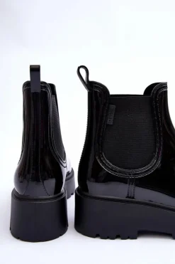 Big Star Shoes Czarne Botki|Botki Płaskie*Lakierowane Kalosze Botki Na Platformie Big Star MM274395 Czarne Czarny