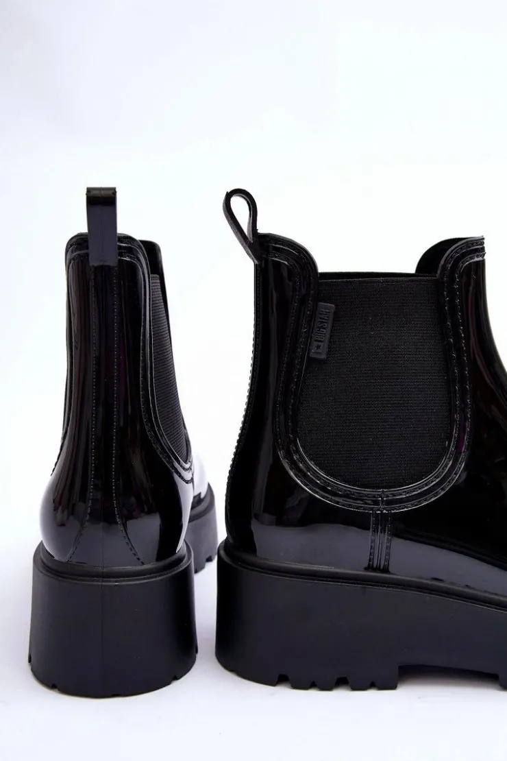 Big Star Shoes Czarne Botki|Botki Płaskie*Lakierowane Kalosze Botki Na Platformie Big Star MM274395 Czarne Czarny