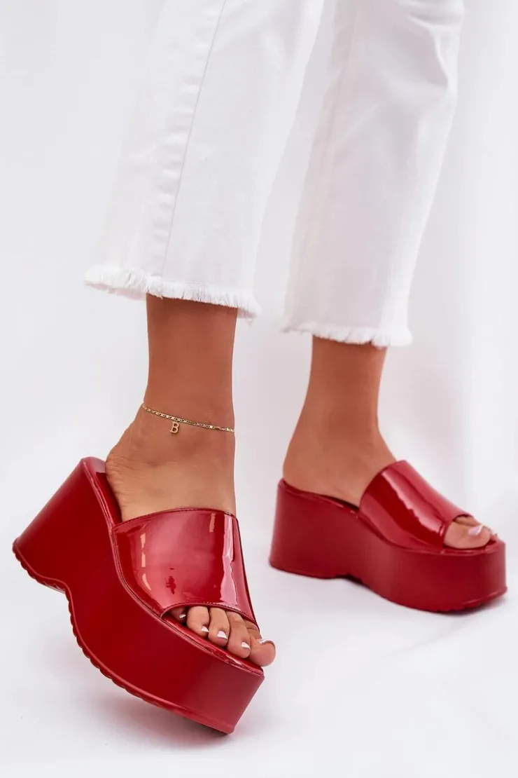Boto Klapki Na Koturnie|Klapki Na Platformie*Lakierowane Klapki Damskie Na Platformie I Koturnie Czerwone Nellevia