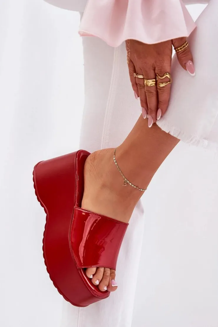 Boto Klapki Na Koturnie|Klapki Na Platformie*Lakierowane Klapki Damskie Na Platformie I Koturnie Czerwone Nellevia