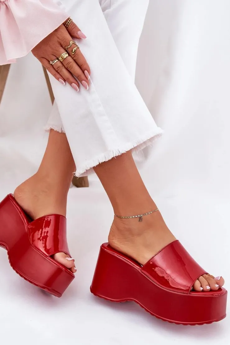 Boto Klapki Na Koturnie|Klapki Na Platformie*Lakierowane Klapki Damskie Na Platformie I Koturnie Czerwone Nellevia
