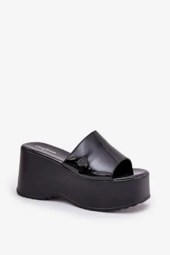 New Boto Lakierowane Klapki Damskie Na Platformie I Koturnie Czarne Nellevia
