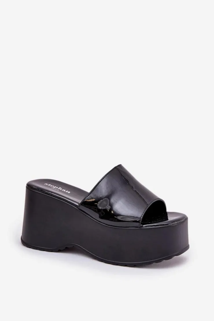 New Boto Lakierowane Klapki Damskie Na Platformie I Koturnie Czarne Nellevia