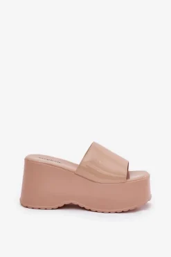 Boto Klapki Na Koturnie|Klapki Na Platformie*Lakierowane Klapki Damskie Na Platformie I Koturnie Beżowe Nellevia Beżowy