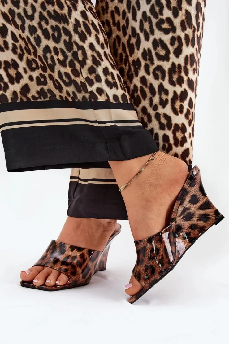 Damskie Boto Lakierowane Klapki Damskie Na Koturnie Panterka Brązowe Nelithin