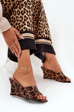 Damskie Boto Lakierowane Klapki Damskie Na Koturnie Panterka Brązowe Nelithin