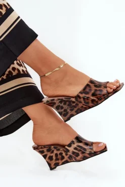 Damskie Boto Lakierowane Klapki Damskie Na Koturnie Panterka Brązowe Nelithin