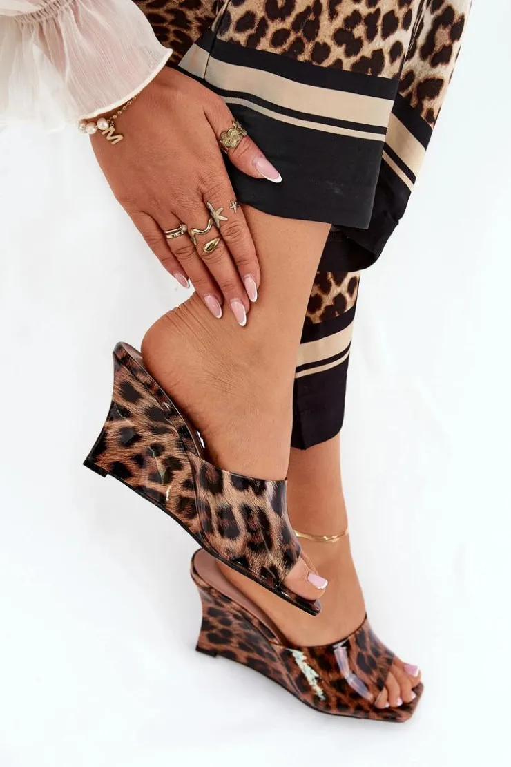 Damskie Boto Lakierowane Klapki Damskie Na Koturnie Panterka Brązowe Nelithin