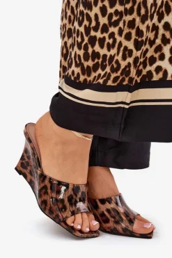 Damskie Boto Lakierowane Klapki Damskie Na Koturnie Panterka Brązowe Nelithin