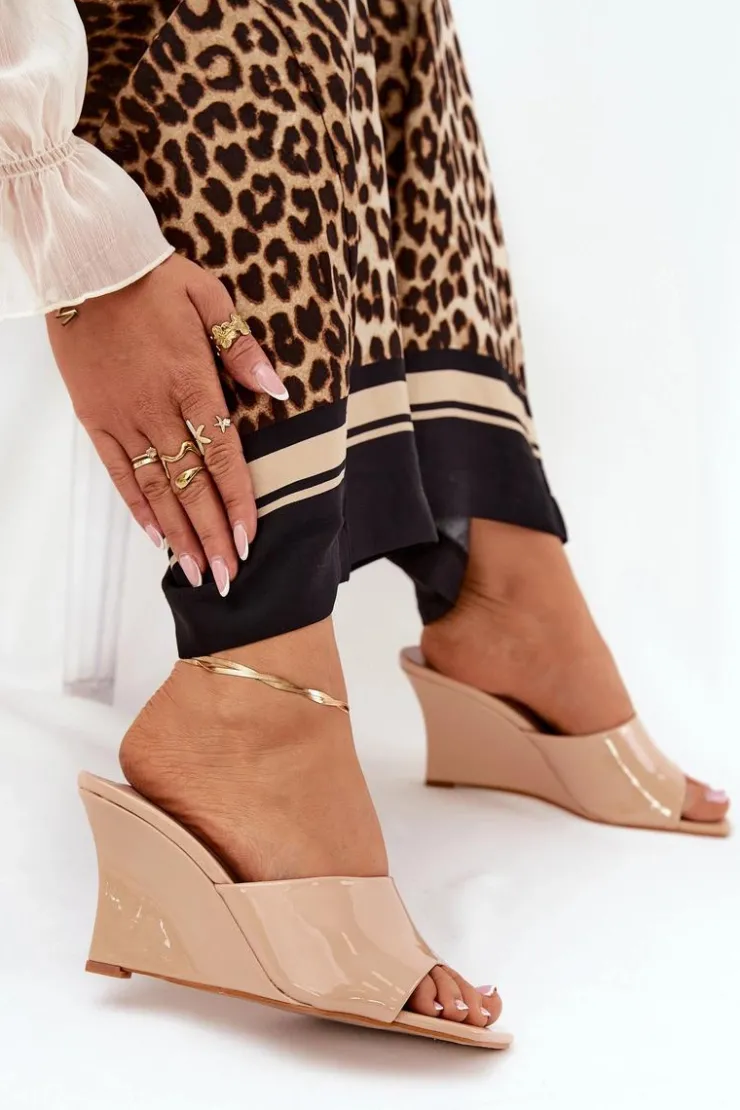 New Boto Lakierowane Klapki Damskie Na Koturnie Nude Nelithin