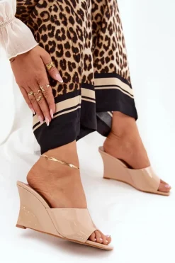 New Boto Lakierowane Klapki Damskie Na Koturnie Nude Nelithin