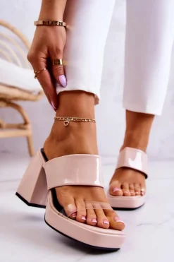 Damskie Boto Lakierowane Klapki Na Słupku Jasnobeżowe Seattle