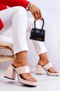 Damskie Boto Lakierowane Klapki Na Słupku Jasnobeżowe Seattle