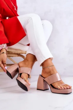 Boto Klapki Na Obcasie|Klapki Damskie Klasyczne*Lakierowane Klapki Na Słupku Ciemnobeżowe Seattle