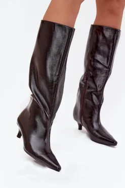 Damskie Boto Lakierowane Kozaki Damskie Na Niskim Obcasie Bordowe Mireva