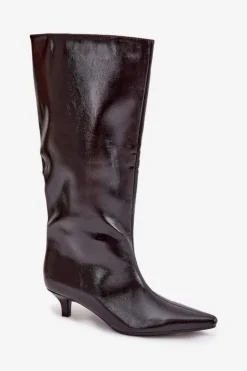 Damskie Boto Lakierowane Kozaki Damskie Na Niskim Obcasie Bordowe Mireva