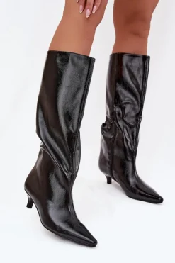 Boto Kozaki Ocieplane|Kozaki Na Szpilce*Lakierowane Kozaki Damskie Na Niskim Obcasie Czarne Mireva Czarny