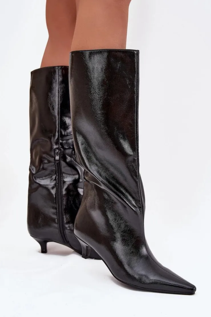 Boto Kozaki Ocieplane|Kozaki Na Szpilce*Lakierowane Kozaki Damskie Na Niskim Obcasie Czarne Mireva Czarny