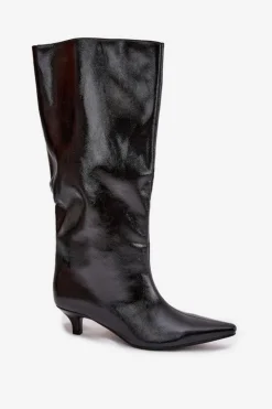 Boto Kozaki Ocieplane|Kozaki Na Szpilce*Lakierowane Kozaki Damskie Na Niskim Obcasie Czarne Mireva Czarny